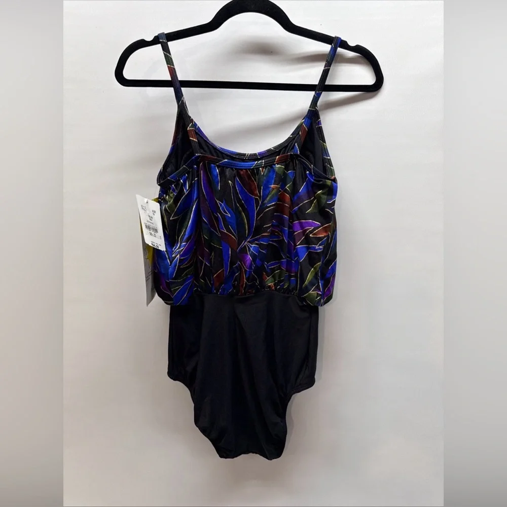 VTG Longitude Women's Sz 10 One Piece Swimsuit Black Button Floral‎ Top Tropical
